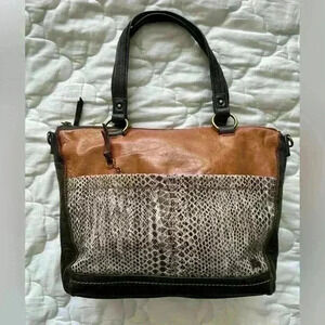 The Sak Two Way Tote Handbag Large Leather Brown Snake Pattern.